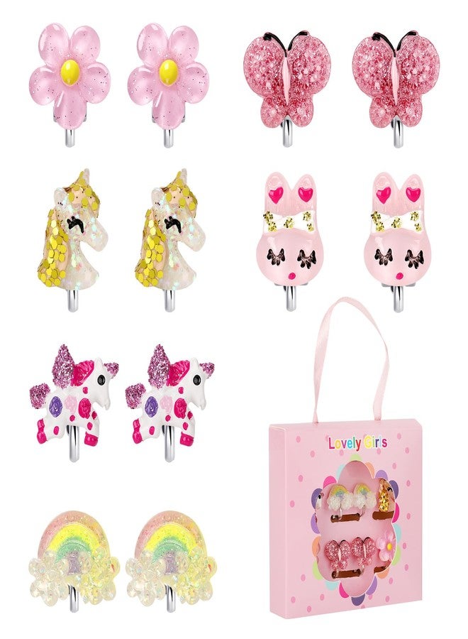 Wingchold 6Pairs Unicorn Flower Clip On Earrings for Little Girls, Toddler Butterfly Clip On Jewelry Rainbow Earrings Kids Dress Up Jewelry - Image 2